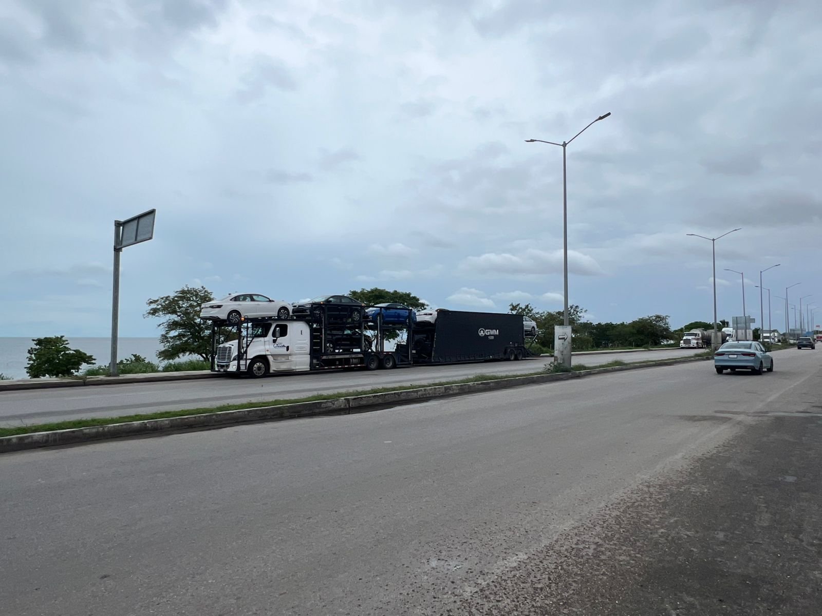 Camión porta-autos en carretera costera